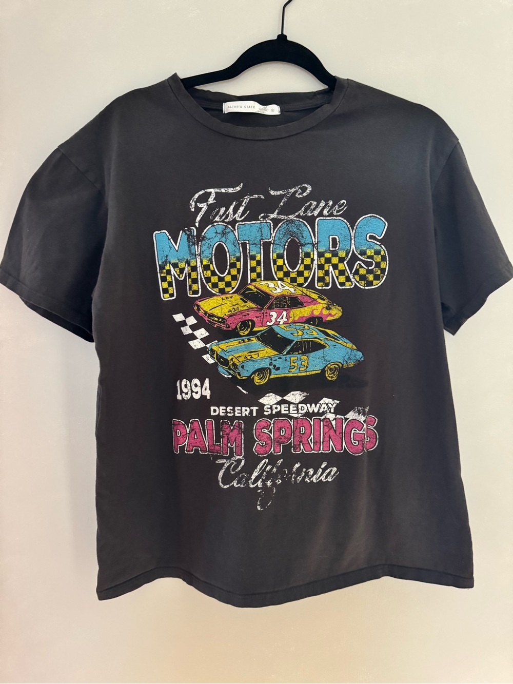 Altar'd State Black Palm Springs Motors Graphic Tee with Blue & Pink Accents